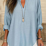 Solid Color V-Neck Long Sleeved Loose Casual Blouse