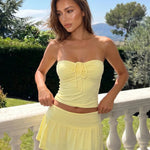 Pale Yellow Ruched Drawstring Tube Top Mini Skirt Set