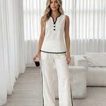 White Black Sleeveless Wide Leg Pants Two Piece Set