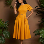 Yellow Puff Sleeve Round Neck Belted A-Line Midi Dress