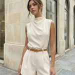 Beige Draped High Neck Sleeveless Top Tailored Shorts Casual Set