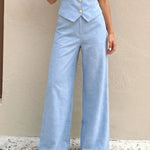 Blue Textured Fabric Gold Button Sleeveless Vest Wide Leg Pants Two Piece Set