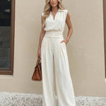 White High Waist Double Front Pleat Tailored Wide Leg Suit Pants