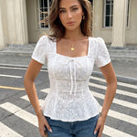 White Lace Square Neck Keyhole Tie Front Short Puff Sleeve Blouse