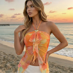 Orange Floral Print Halter Neck Ruffle Chiffon Asymmetrical Top