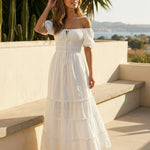 White Off-Shoulder Tiered Maxi Dress