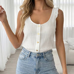 White Crinkle Ruffle Strap Scoop Neck Button Front Cami Top
