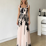 Cream Black Silhouette Floral Tie Strap Pleated Maxi Dress