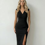 Black Solid Ruched V-Neck Sleeveless Slit Bodycon Midi Dress