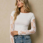 White Elegant Boat Neck Sheer Floral Lace Long Sleeve Top