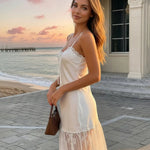 Elegant White Satin  V-Neck Sheer Lace Trim Maxi Dress