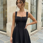 Black Lace Trim Corset Waist Flared Mini Party Dress