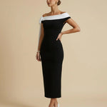 Black Colorblock Off-Shoulder Bow Tie Bodycon Midi Dress