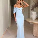 Light Blue Off Shoulder Big Bow Mermaid Maxi Gown