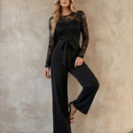 Black Lace Sleeve Bow Belt Wide Leg Jumpsuit