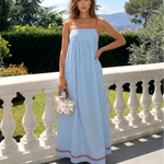 Blue White Stripe Red Trim Spaghetti Strap Maxi Dress