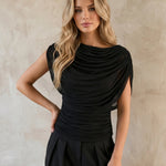 Black Draped Cape Boat Neck Ruched Waist Blouse