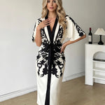White Black Silhouette Floral Wrap Belted Midi Dress