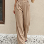 Beige Pinstripe High Waist Pleated Wide Leg Trousers