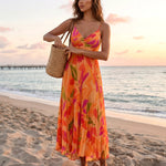 Orange Tropical Print Twisted V Neck Pleated Midi Dress