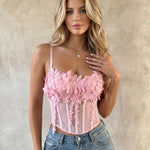 Pink Floral Mesh Spaghetti Strap Corset Crop Top