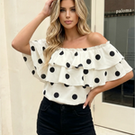 Beige Elegant Ruffle Layered Off Shoulder Slim Fit Ruffle Top