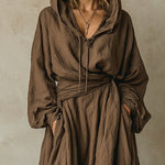 Brown faux cotton linen hooded loose maxi dress