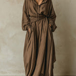 Brown faux cotton linen hooded loose maxi dress