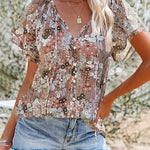 Zeagoo Women's Boho Floral Print V Neck Short Sleeve Drawstring Tops Loose Blouses Button Down Shirts