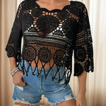 Bohemian Openwork Fan-shaped Trim Three-quarter Sleeve Cover-up Top