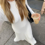 Long Sleeve Dress Crew-Neck Knit Maxi Dress Ribbed Elegant Long High Waist Pleated Dresses