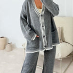Zeagoo Women's Casual Two-pieces Outfits Contrast Trim Knitted Cardigan and Trousers Pants Sets