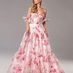 Organza Floral Print Tie Strap Maxi Dress