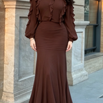 Brown Ruffle Long Sleeve Top & Ribbed Mermaid Maxi Skirt Two-Piece Set