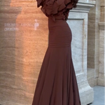 Brown Ruffle Long Sleeve Top & Ribbed Mermaid Maxi Skirt Two-Piece Set