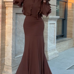 Brown Ruffle Long Sleeve Top & Ribbed Mermaid Maxi Skirt Two-Piece Set