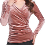 Zeagoo Velvet Tops for Women Long Sleeve Sexy Casual V-Neck Cross Wrap Shirts Ruched Fitted Blouse Party Club Night (Us Only)