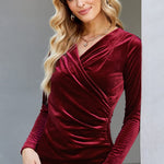 Zeagoo Velvet Tops for Women Long Sleeve Sexy Casual V-Neck Cross Wrap Shirts Ruched Fitted Blouse Party Club Night (Us Only)