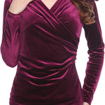 Zeagoo Velvet Tops for Women Long Sleeve Sexy Casual V-Neck Cross Wrap Shirts Ruched Fitted Blouse Party Club Night (Us Only)