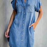 Zeagoo Women's Denim Shirt Dresses Short Sleeve V Neck Jean Dress Button Down Casual Loose Fit Tunic Tops with Pockets