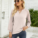 Zeagoo V Neck Tops Solid Color Blouse Long Sleeve Pullover Lace Patchwork Shirt