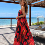Black Red Floral Print Strapless Notched Tube Pleated Midi Dress