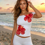 Black Hibiscus Print Off-Shoulder Short Sleeve T-Shirt