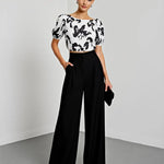 Floral Print Boat Neck Bell Sleeve And Wide Leg Pants Set