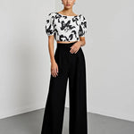 Floral Print Boat Neck Bell Sleeve And Wide Leg Pants Set