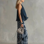 Séverine™ | Elegant navy halter neck top with printed wide-leg trousers