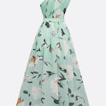 Light Green Floral Ruched One Shoulder A-Line Maxi Chiffon Dress