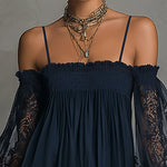 Fiorella™ | Mini Navy Chiffon Dress with Off-the-Shoulder Neckline, Lace Details, and Sheer Sleeves