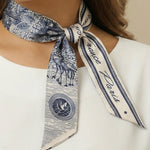 Navy Blue Toile De Jouy Paris France Print Skinny Vintage Scarf