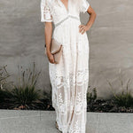 Zeagoo Women's Boho Maxi Dress Embroidery White Lace Loose Holiday Beach Maxi Dress